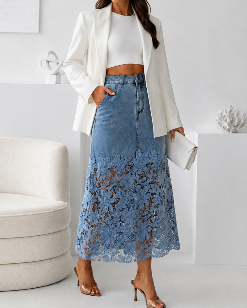 Women's Guipure Lace Spliced Denim Skirt High Waisted Jean Skirt French-Style Casual Skirt