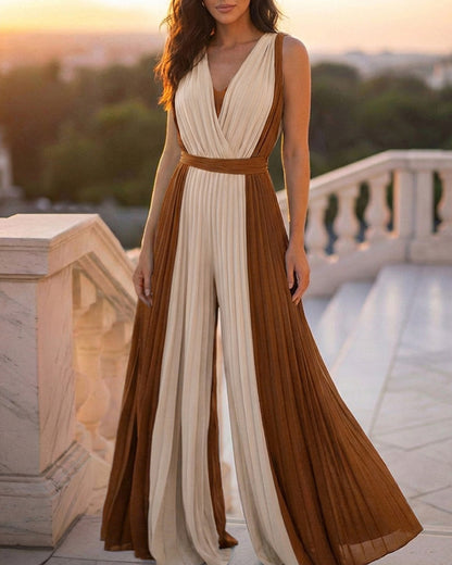 Colorblock Sleeveless Criss Cross Plunge V Neck Jumpsuit Casual Waist Tied Detail Pleated Romper