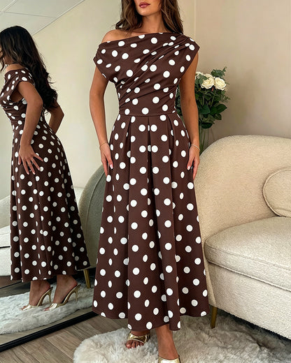 Women's Skew Neck Polka Dot Maxi Dress Ruched A-Line Swing Dress Elegant Party Cocktail Dress with Pockets