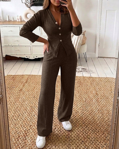 Women's 2 Piece Knit Set V-Neck Button Down Cardigan and High Waisted Wide Leg Pants Casual Loungewear