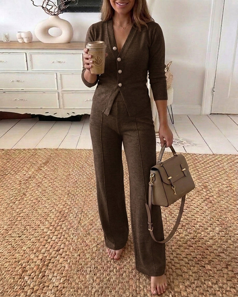 Women's 2 Piece Knit Set V-Neck Button Down Cardigan and High Waisted Wide Leg Pants Casual Loungewear