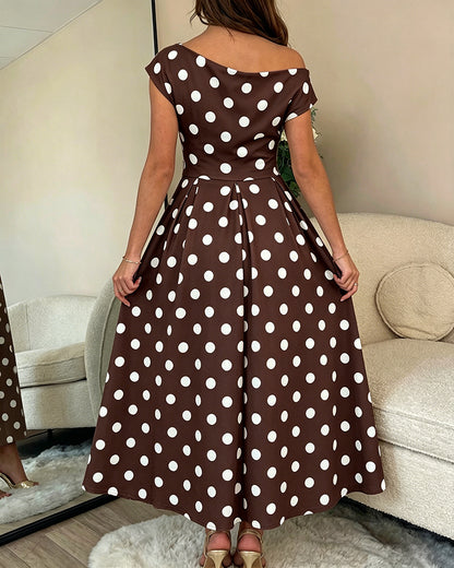 Women's Skew Neck Polka Dot Maxi Dress Ruched A-Line Swing Dress Elegant Party Cocktail Dress with Pockets