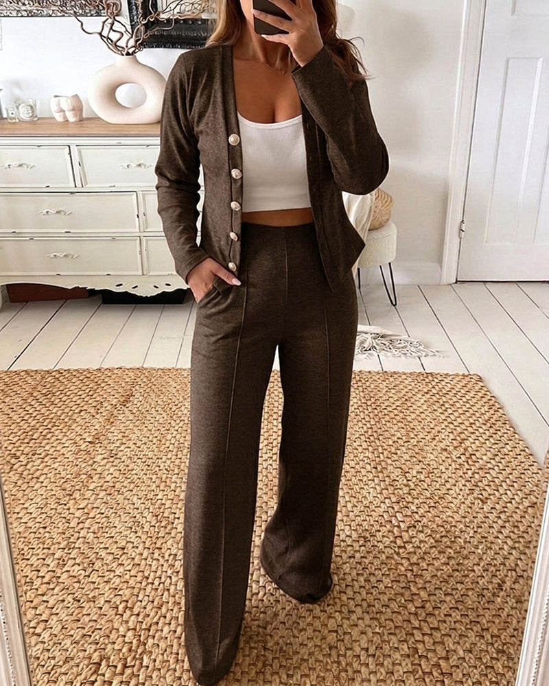 Women's 2 Piece Knit Set V-Neck Button Down Cardigan and High Waisted Wide Leg Pants Casual Loungewear