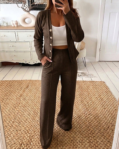 Women's 2 Piece Knit Set V-Neck Button Down Cardigan and High Waisted Wide Leg Pants Casual Loungewear