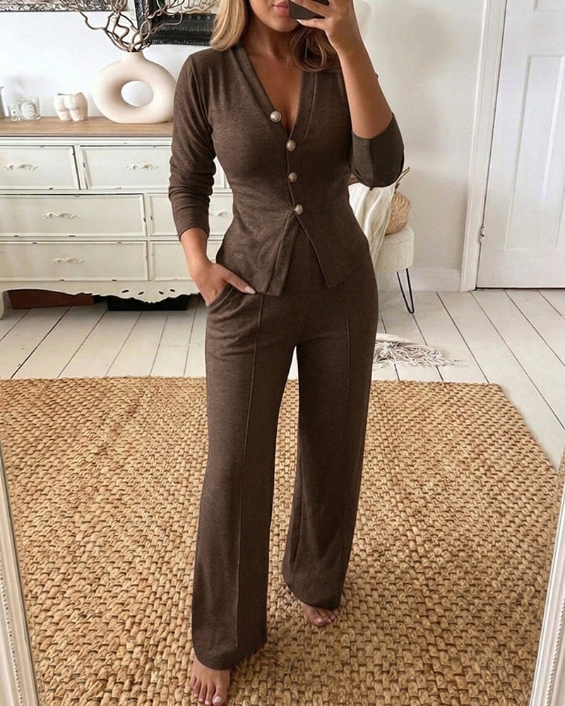 Women's 2 Piece Knit Set V-Neck Button Down Cardigan and High Waisted Wide Leg Pants Casual Loungewear