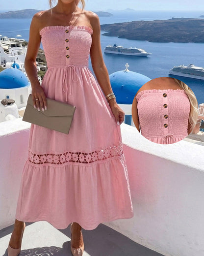 Women's Strapless Shirred Maxi Dress Lace Splice Tied Detail Frill Trim Sundress with Detachable Clear Straps