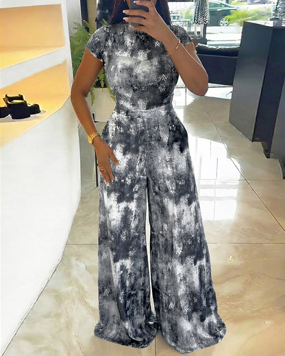 2 Pieces Outfit Mock Neck Short Sleeve Slim Fit Top and High Waist Wide Leg Pants Set Casual Tie Dye Print Sheer Mesh Set