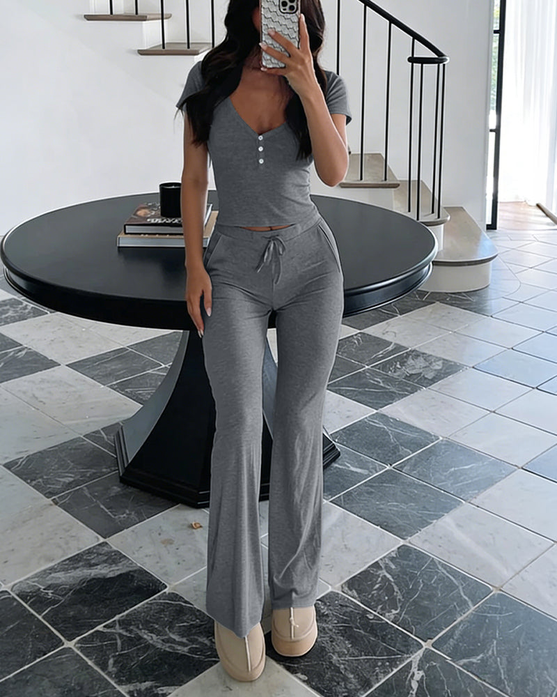 Women's 2 Piece Ribbed Lounge Set V Neck Button Top and High Waist Flare Pants Set Casual Slim Fit Stretchy Outfits
