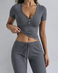 Women's 2 Piece Ribbed Lounge Set V Neck Button Top and High Waist Flare Pants Set Casual Slim Fit Stretchy Outfits