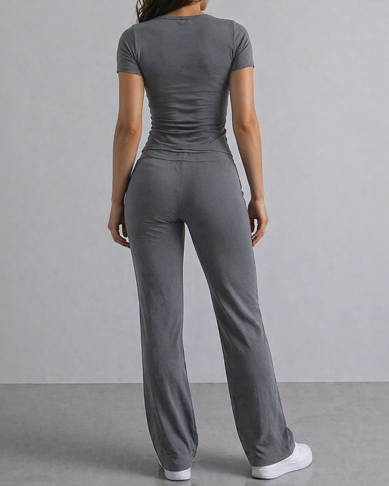 Women's 2 Piece Ribbed Lounge Set V Neck Button Top and High Waist Flare Pants Set Casual Slim Fit Stretchy Outfits