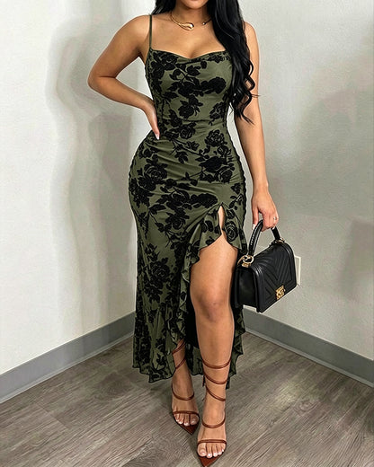 Vestido largo vintage con estampado floral aterciopelado para mujer, vestido sexy de tirantes y cuello drapeado, sin espalda, ceñido y con abertura alta, vestido de noche