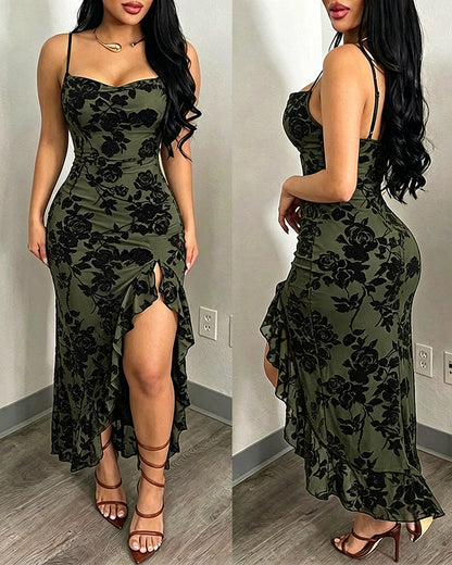Vestido largo vintage con estampado floral aterciopelado para mujer, vestido sexy de tirantes y cuello drapeado, sin espalda, ceñido y con abertura alta, vestido de noche