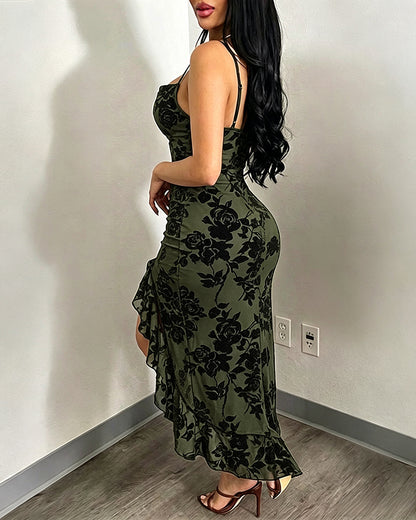 Vestido largo vintage con estampado floral aterciopelado para mujer, vestido sexy de tirantes y cuello drapeado, sin espalda, ceñido y con abertura alta, vestido de noche