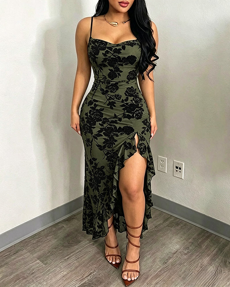 Vestido largo vintage con estampado floral aterciopelado para mujer, vestido sexy de tirantes y cuello drapeado, sin espalda, ceñido y con abertura alta, vestido de noche