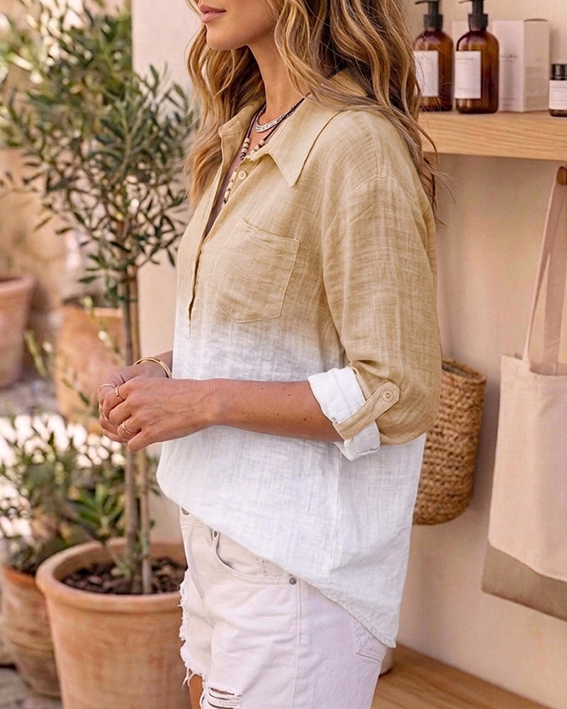 Ombre Turn-down Collar Roll Up Sleeve Half Button Front Shirt Casual Pocket Design Loose Fit Top