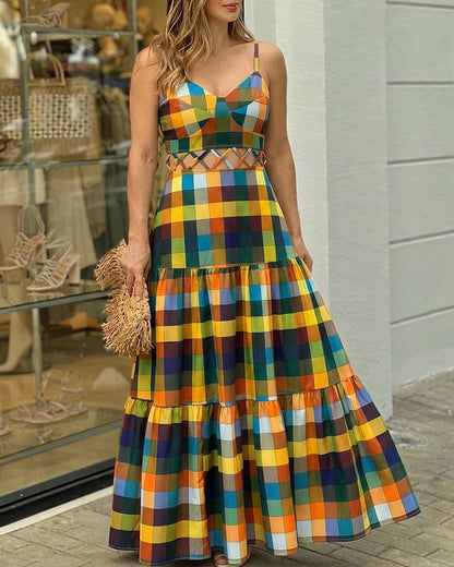 Women's Colorblock Plaid Hollow-out Maxi Dress V Neck Backless Ruffle Cami Dress Casual Shirred Beach Sundress