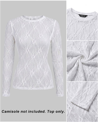 Women's Jacquard Textured Sheer Lace Long Sleeve Top Crewneck Slim Fit Tee with Thumb Holes