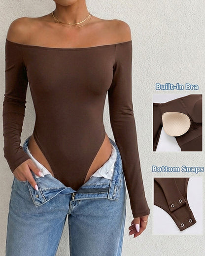 Women's Off Shoulder Bodysuit Minimalist Long Sleeve Sexy Slim Fit Bodysuit with Built-In Bra