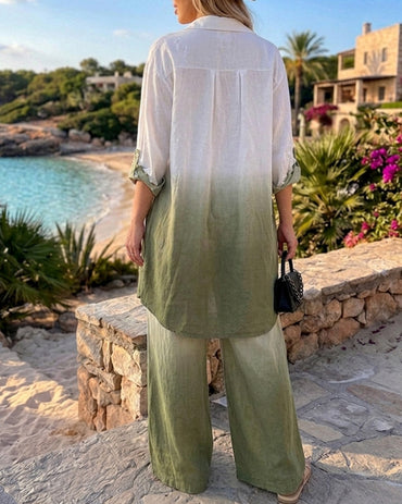 Women's Ombre 2 Piece Outfits Long Sleeve Mid-Length Button Down Shirt and High Waisted Wide Leg Pants Set without Belt