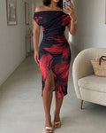 Women's Floral Print Skew Neck Mid-length Dress Ruched Wrapped Slit Bodycon Dress Elegant Party Cocktail Evening Gown