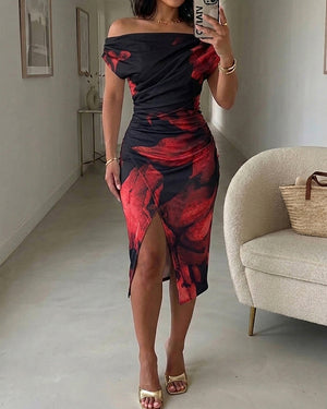 Vestido de largo medio con estampado floral para mujer, escote asimétrico, fruncido, cruzado, con abertura y corte ajustado; elegante vestido de fiesta, cóctel o noche