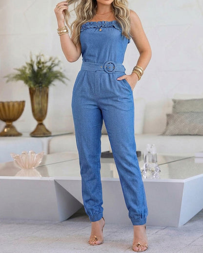 Women's Denim Look 2 Piece Set Adjustable Cami Frill Hem Top and High Waisted Cuffed Pants Set with Pockets