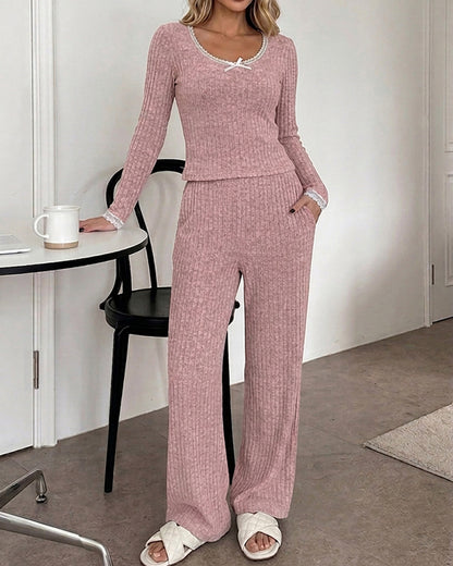Women's 2 Piece Ribbed Lounge Sets Lace Trim Long Sleeve Top and High Waisted Pants Pajamas Sets with Pockets