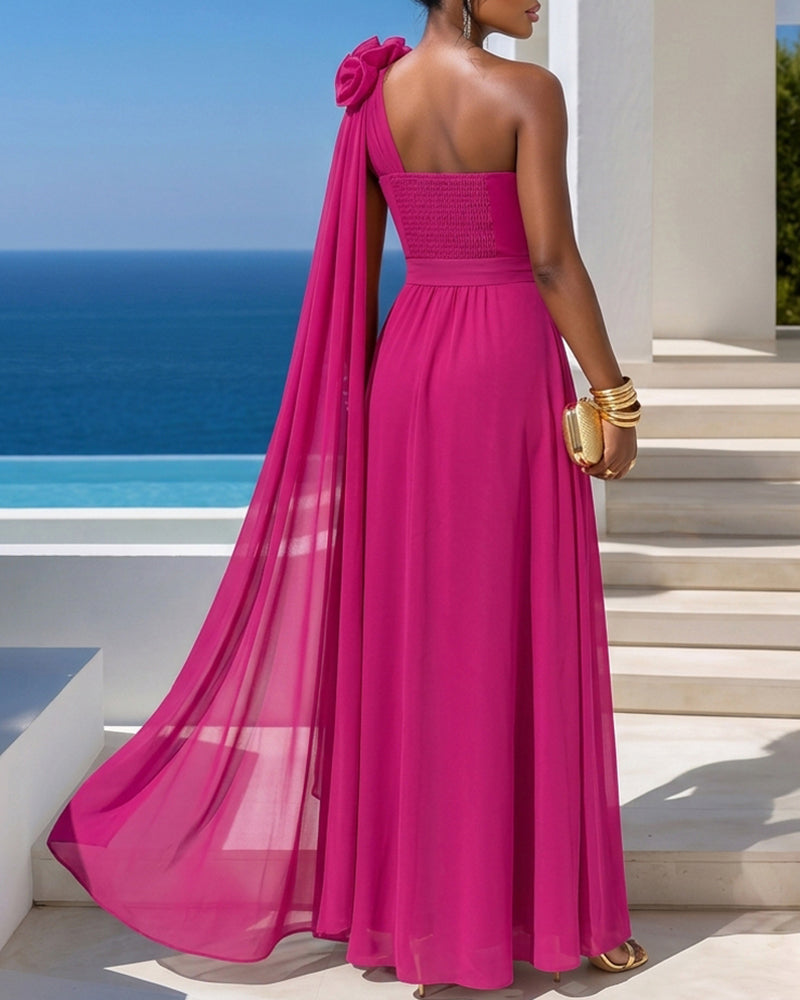 Women's One Shoulder Chiffon Maxi Dress 3D Floral High Slit Evening Gown Elegant Shirred Backless Draped Party Dress