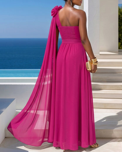 Women's One Shoulder Chiffon Maxi Dress 3D Floral High Slit Evening Gown Elegant Shirred Backless Draped Party Dress