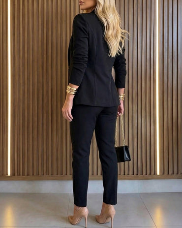 2 Pieces Outfit Shawl Collar Single Breasted Pockets Design Blazer Coat and Drawstring Elastic Waist Slim Fit Pants Set