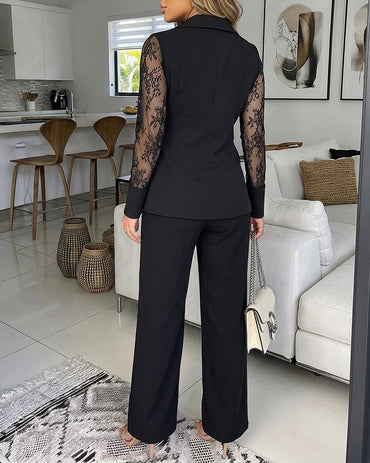 Women's 2 Piece Blazer Suit Set Elegant Lace Patchwork Long Sleeve Coat and High Waisted Straight Leg Pants