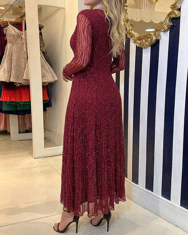 Women's Rhinestone Lace Long Sleeve Maxi Dress Crew Neck Textured A-Line Evening Gown