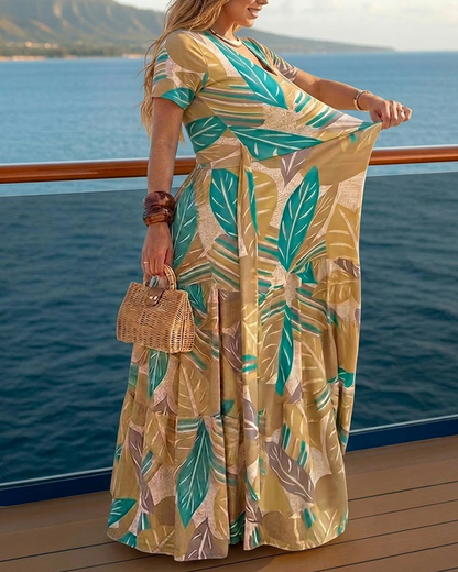 Plants Print V-Neck Short Sleeve Tie Waist Maxi Dress Casual Cinched Waist Ruffle Hem Vacation Dress