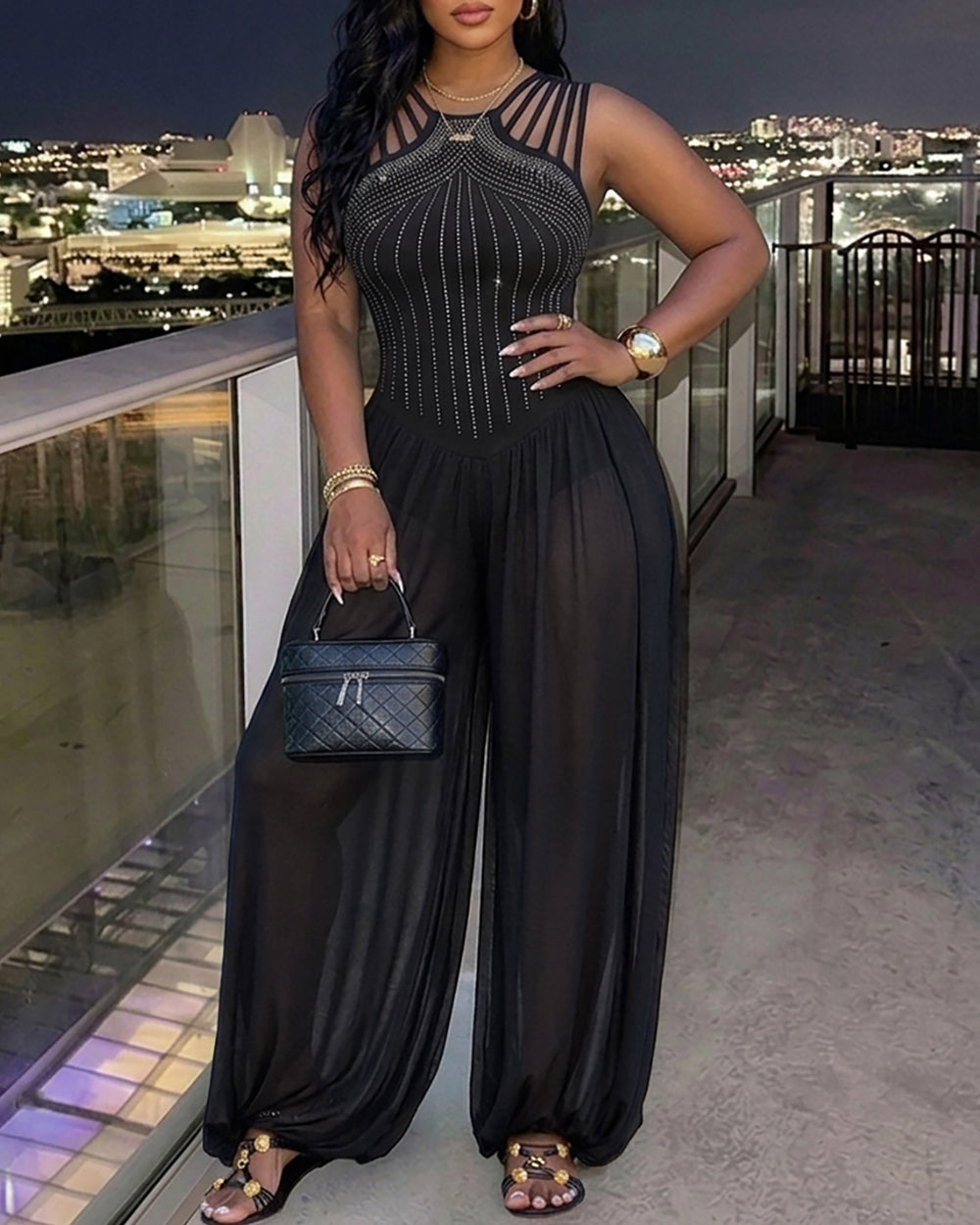 Women's Rhinestone Cutout Jumpsuit Sleeveless Sheer Chiffon Lantern Leg Overalls