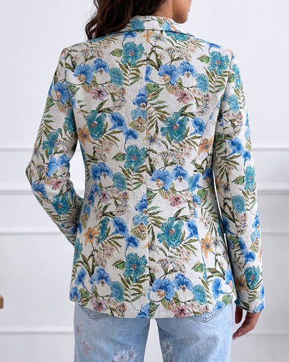 Women's Vintage Floral Jacquard Blazer Elegant Single Breasted Lapel Collar Coat