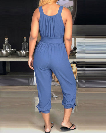 Women's Sleeveless Jumpsuit Surplice V Neck Shirred Waist Cropped Overalls Casual Tied Detail Jumpsuit with Belt