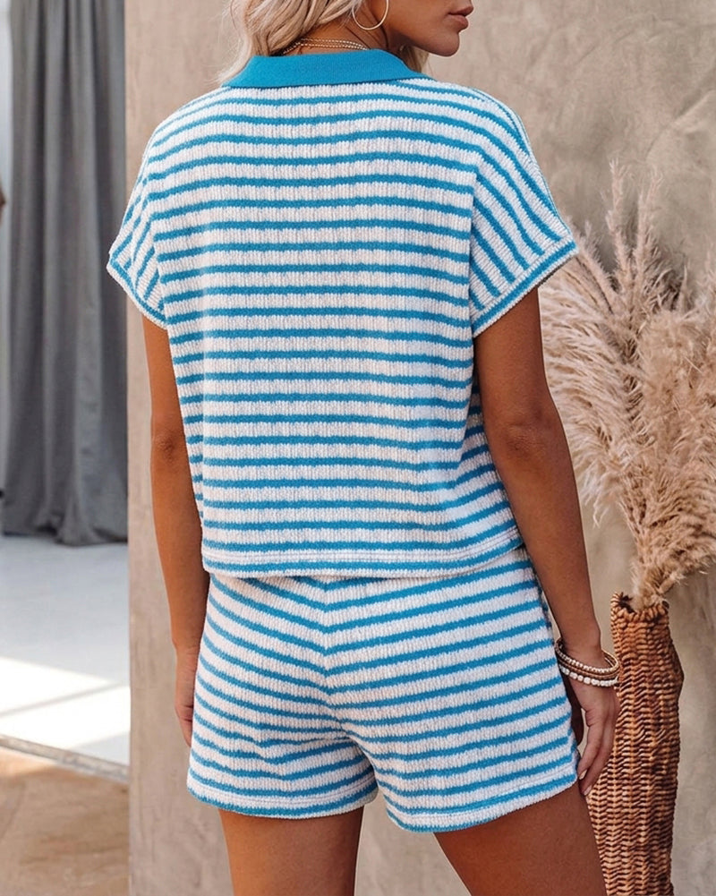 Women's Stripe Textured Two Piece Outfits Polo Top and Drawstring High Waisted Shorts Casual Lounge Set