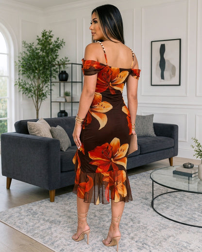 Women's Vintage Floral Print Bodycon Dress Cowl Neck Adjustable Pearls Straps Mermaid Dress Elegant Side Slit Evening Gown
