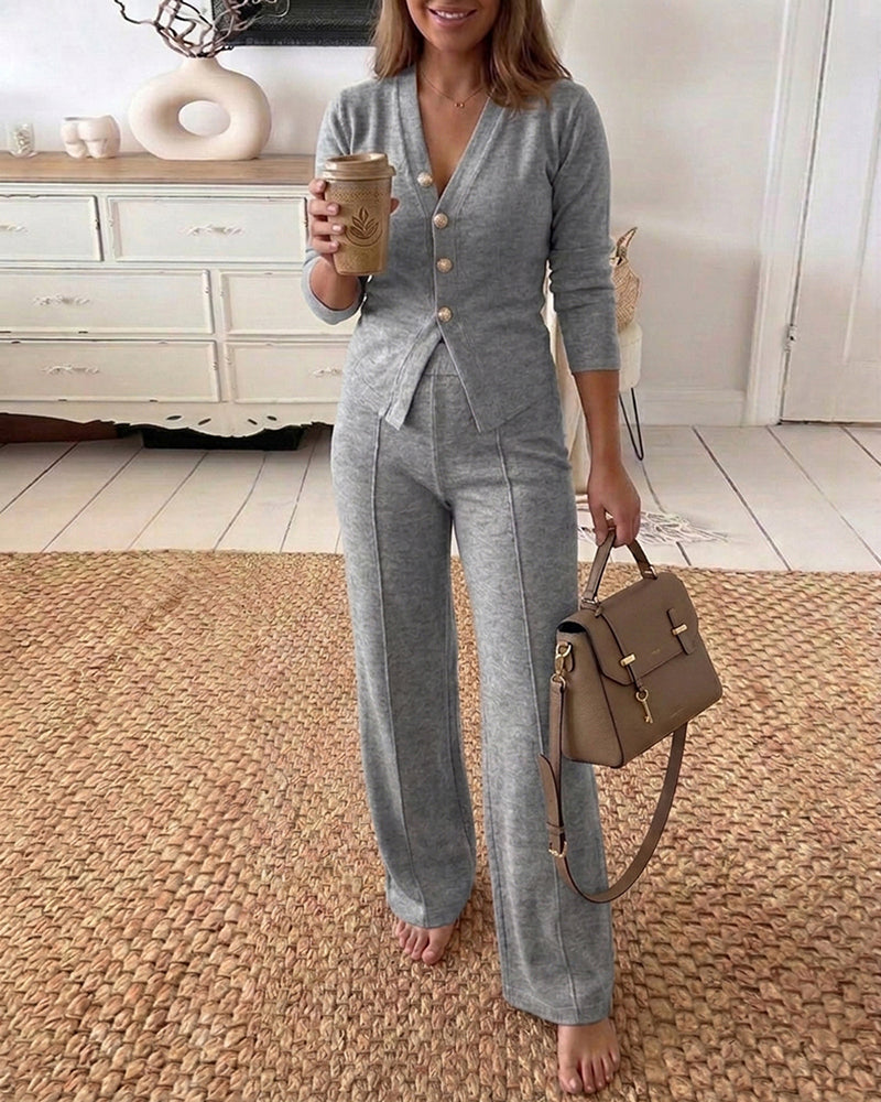 Women's 2 Piece Knit Set V-Neck Button Down Cardigan and High Waisted Wide Leg Pants Casual Loungewear