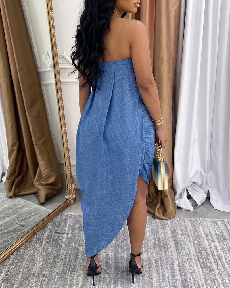 Women's Faux Denim Print Tube Dress Sexy Strapless Ruched Bodycon Dress Asymmetrical Layered Hem Vacation Sundress