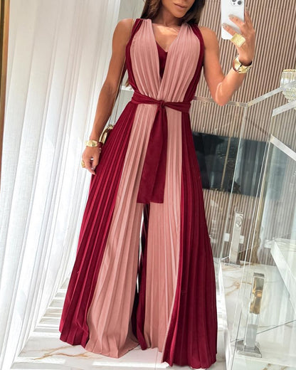 Colorblock Sleeveless Criss Cross Plunge V Neck Jumpsuit Casual Waist Tied Detail Pleated Romper