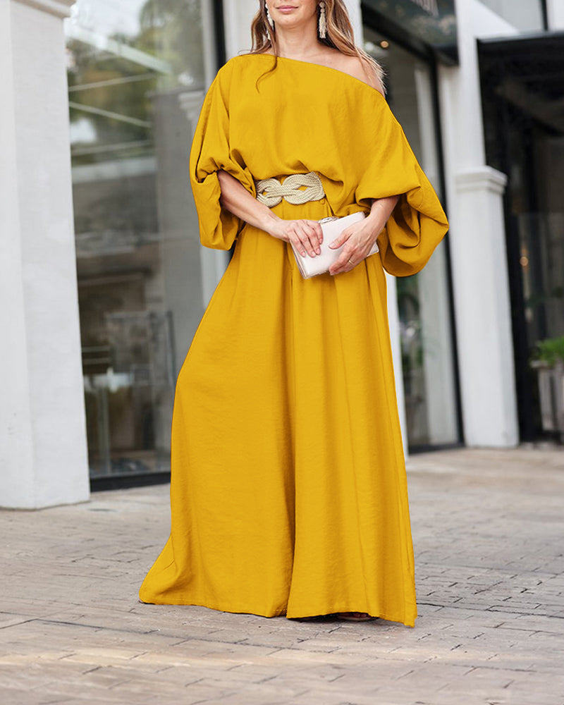 Skew Neck Lantern Sleeve Loose Top & Zipper Fly Wide Leg Pants Set Without Belt