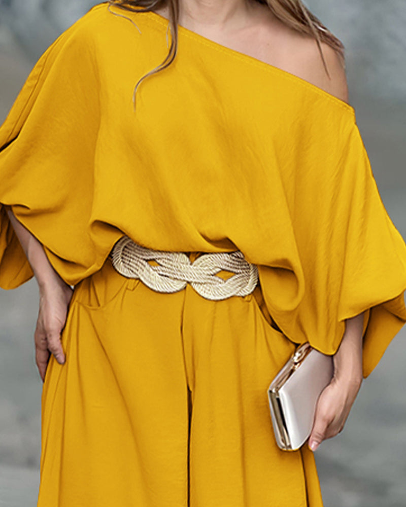 Skew Neck Lantern Sleeve Loose Top & Zipper Fly Wide Leg Pants Set Without Belt