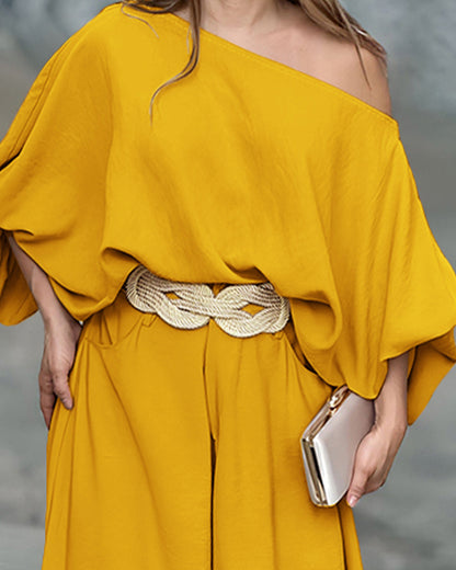 Skew Neck Lantern Sleeve Loose Top & Zipper Fly Wide Leg Pants Set Without Belt