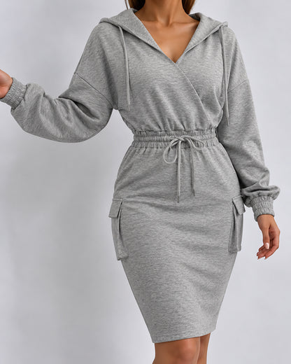 Robe à capuche avec cordon de serrage, col en V, épaules tombantes, taille cintrée, poches cargo à rabat décontractées, design avec cordon de serrage, taille élastique, robe mi-longue