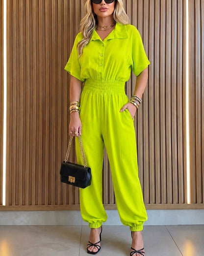 Women's Lapel Half Sleeve Jumpsuit Button Front Shirred Waist Casual Overalls with Pockets