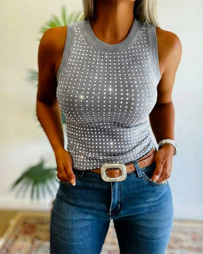 Rhinestone Decor O-neck Sleeveless Tee Slim Fit Ribbed Tank Top