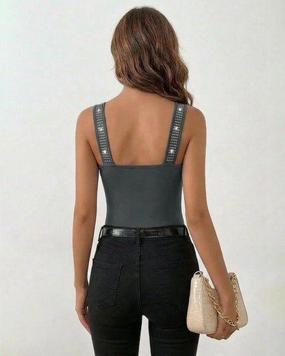 Rhinestone Decor Square Neck Thick Strap Backless Slim Fit Tank Top