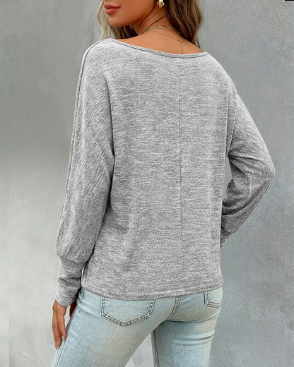 Women's Convertible Shoulder Batwing Sleeve Top Long Sleeve Loose Fit Casual Knit Tee