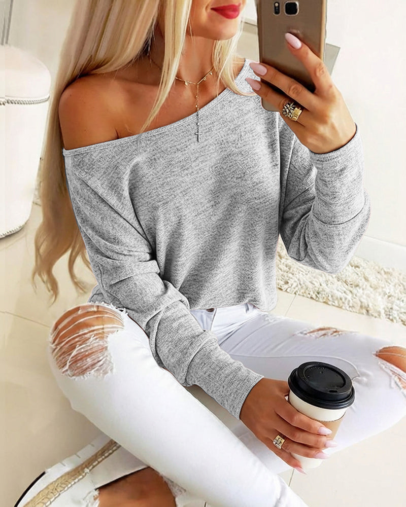 Women's Convertible Shoulder Batwing Sleeve Top Long Sleeve Loose Fit Casual Knit Tee
